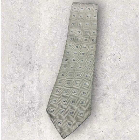 VERSACE Silk Tie ITALY Beige Geometric Monogram Logo W:3.4" EUC - Picture 1 of 5